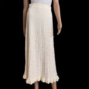 MOTF Cream Cable Knit Maxi Skirt with Sequin Pearl and Ruffle Embellishment S